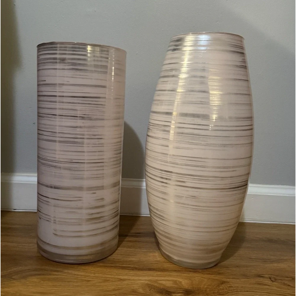 🏺Large Decorative Glass Vases Neutral Striped Design | 14” & 15” | Set of 2